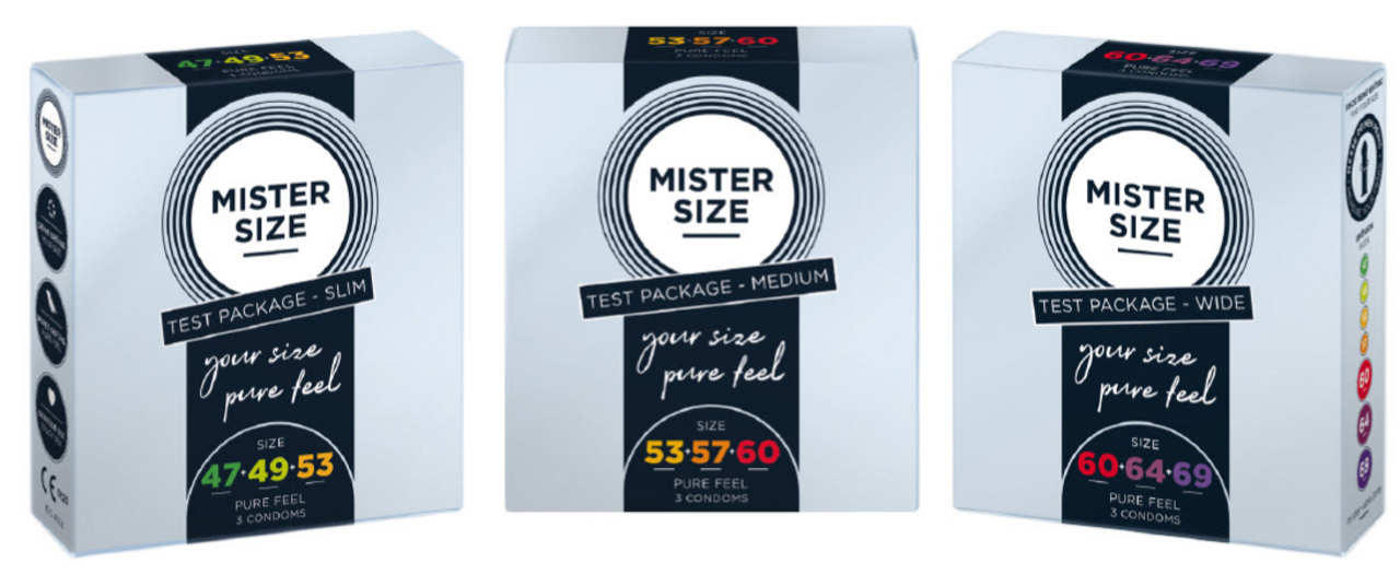 Tre paketa të ndryshme testimi të prezervativëve Mister Size